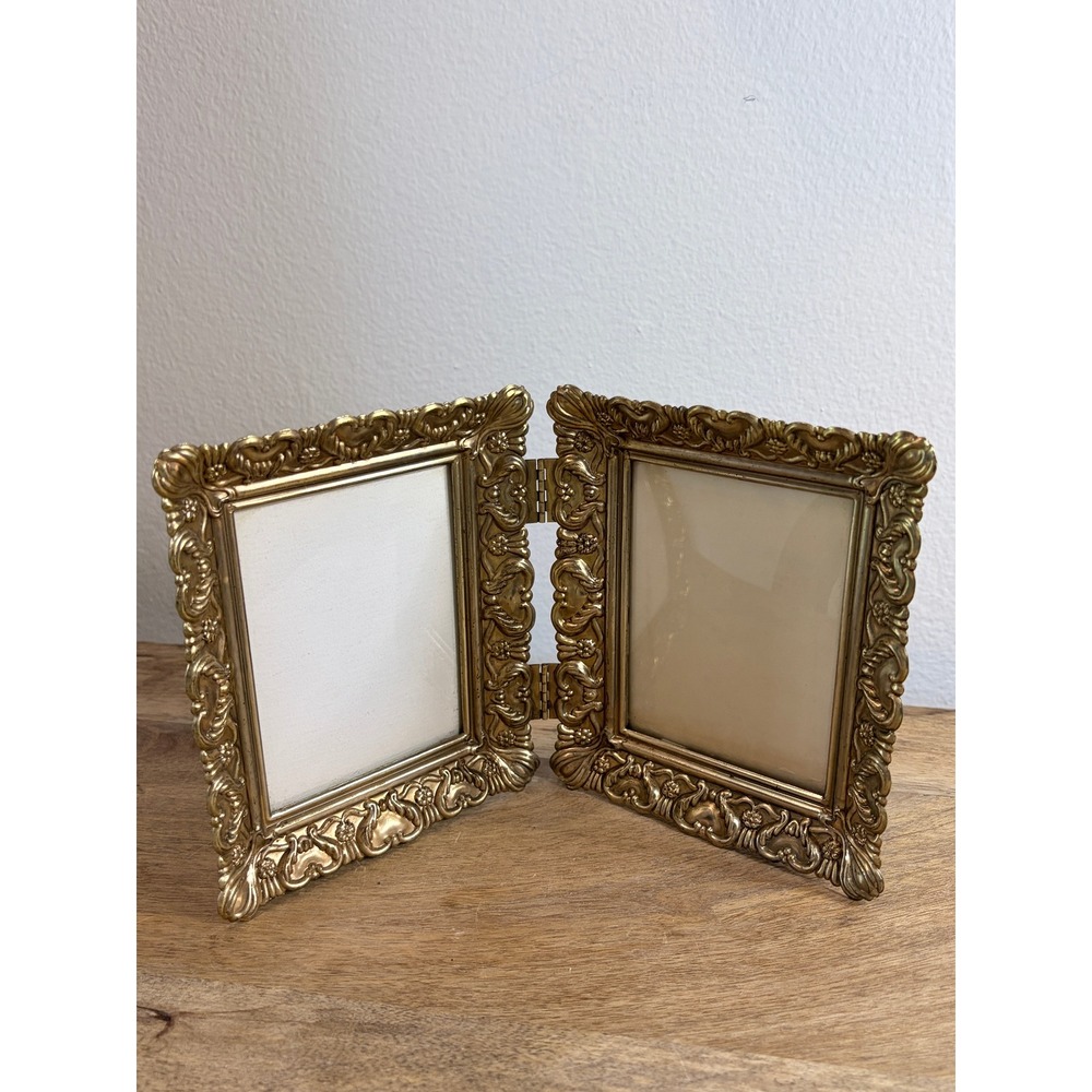 Vintage Gold Ornate Double Picture Frame Hinged Hollywood Regency